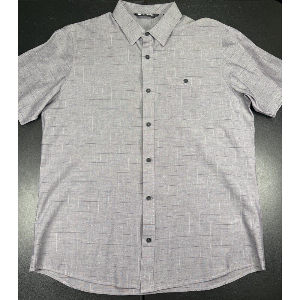 Travis Mathew Button Up Shirt Mens Large Gray Plaid Short Sleeves Pocket Stretch
